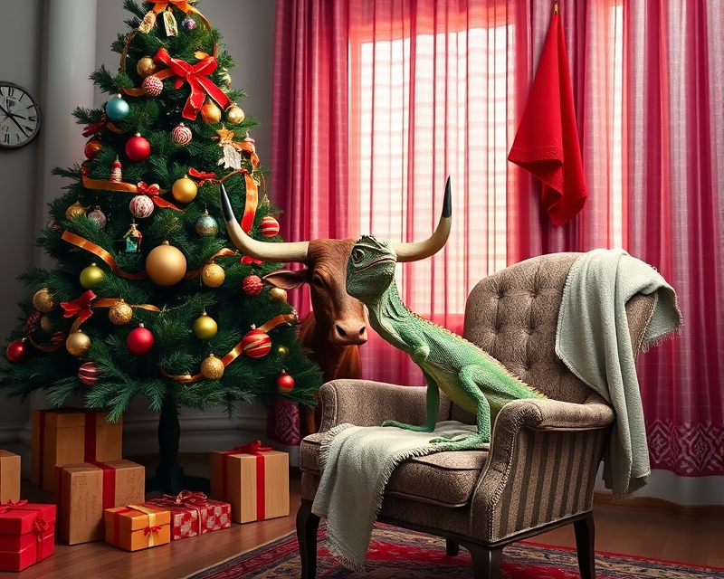 chair, christmas tree, bull, iguana, towel